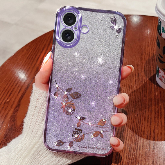 Etui do iPhone 16, Glitter Flower, fioletowe