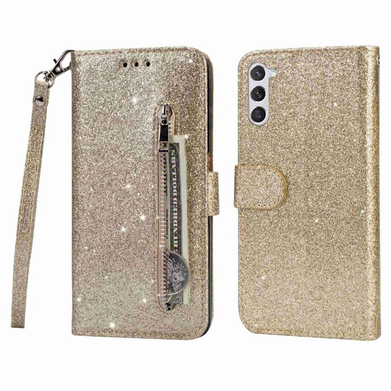 Etui z klapką do Samsung Galaxy S24, Wallet Zipper Pocket Glittery, złote