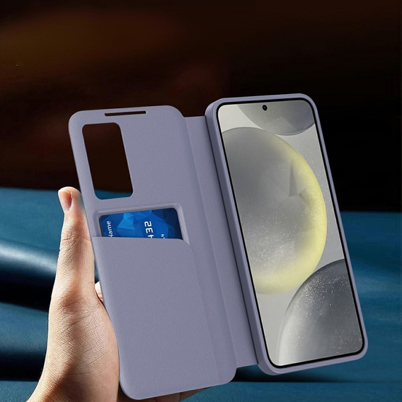 Etui do Samsung Galaxy A56 5G – skórzane z okienkiem Smart View i kieszenią na kartę, fioletowe