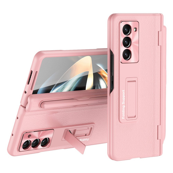 Etui skórzane do Samsung Galaxy Z Fold5 5G, Kickstand case, z podstawką i szkłem, różowy