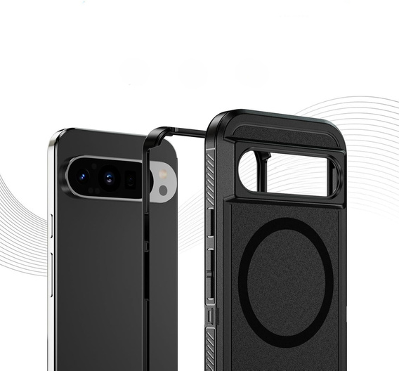 Etui z ramką ERBORD do Google Pixel 9 / Google Pixel 9 Pro, do MagSafe, czarne + Szkło hartowane