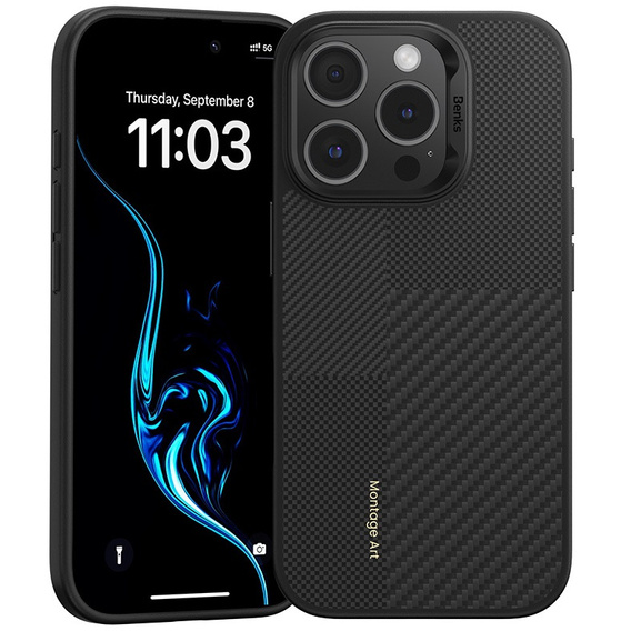 Etui BENKS Kevlar do iPhone 16 Pro, Carbon Fiber Metal Frame, do MagSafe, czarne
