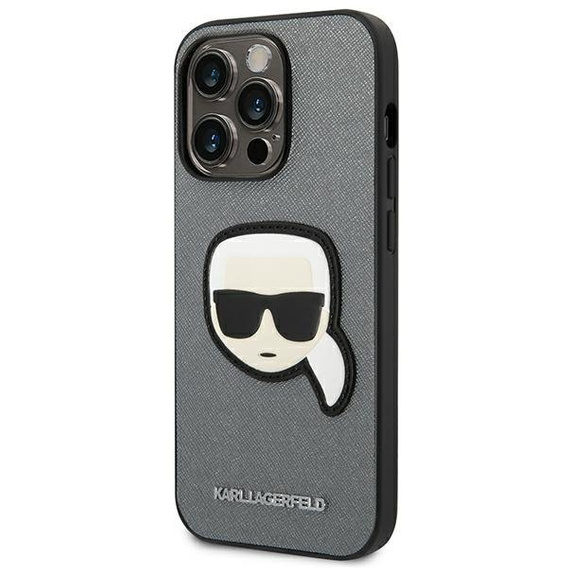 Etui Karl Lagerfeld do iPhone 14 Pro Max, Saffiano Karl's Head Patch, srebrne