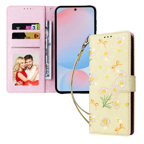 Etui z klapką do Galaxy A56 – żółte stokrotki, ochrona RFID, kieszenie na karty i banknoty