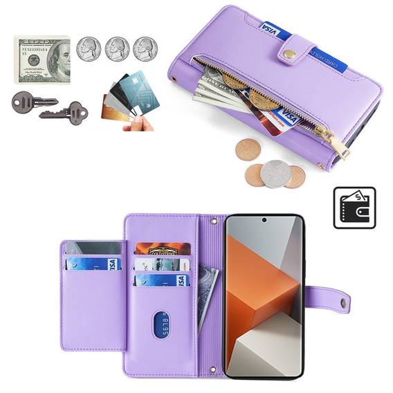 Etui z klapką do Xiaomi Redmi Note 13 Pro+, Wallet Zipper Pocket, fioletowe