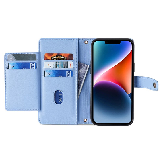 Etui z klapką do iPhone 15, Wallet Zipper Pocket, niebieskie