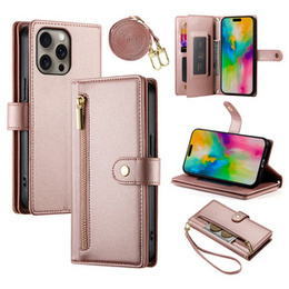 Etui z klapką do iPhone 16 Pro Max, Wallet Zipper Pocket, różowe