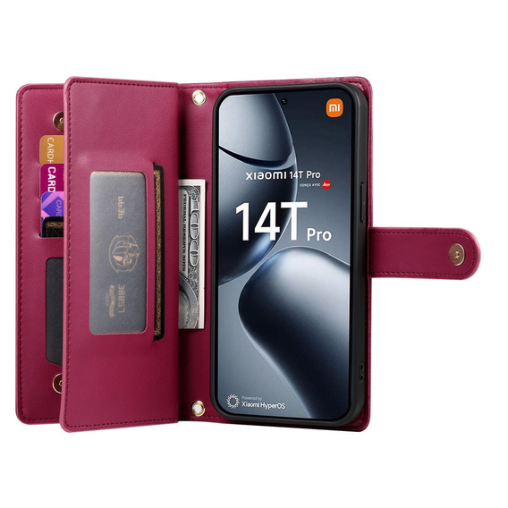 Etui z klapką do Xiaomi 14T Pro, Wallet Zipper Pocket, czerwone