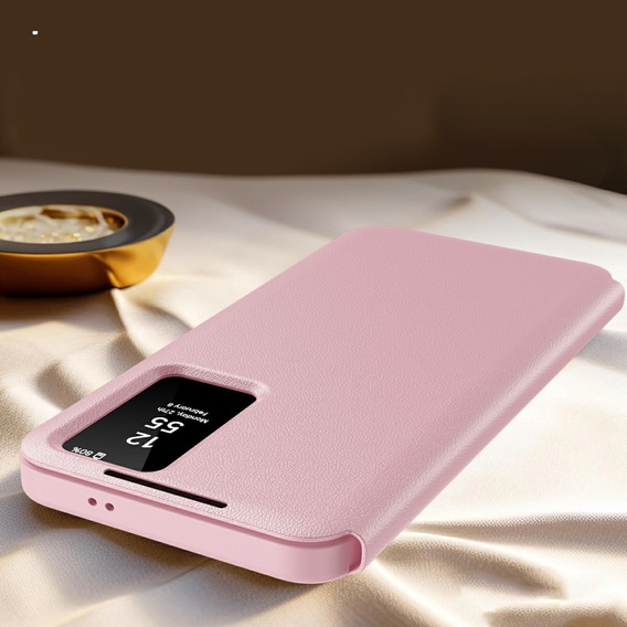 Etui do Samsung Galaxy S25 Edge – skórzane z okienkiem Smart View i kieszenią na kartę, różowe
