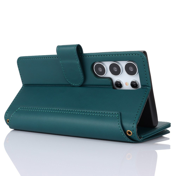 Etui z klapką do Samsung Galaxy S24 Ultra, Wallet Zipper Pocket RFID, z paskiem na ramię, zielone