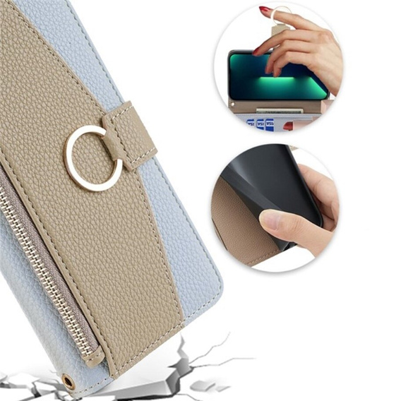 Etui z klapką do iPhone 14 Pro, Wallet Zipper Pocket, z lusterkiem, niebieskie