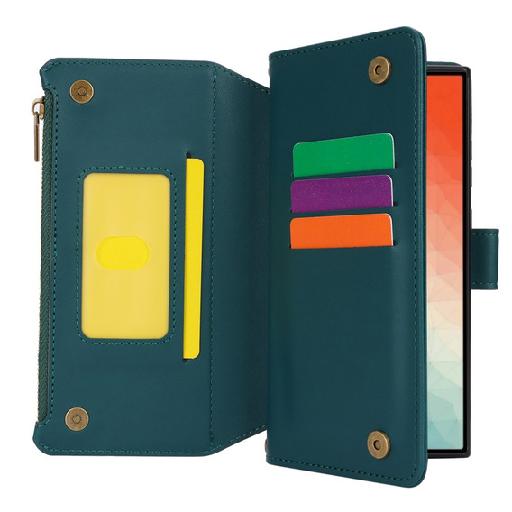 Etui z klapką do Samsung Galaxy S24 Ultra, Wallet Zipper Pocket RFID, z paskiem na ramię, zielone