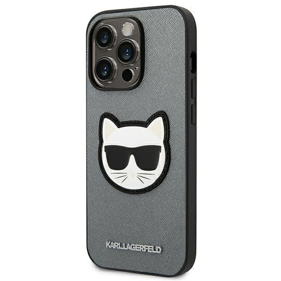 Etui Karl Lagerfeld do iPhone 14 Pro Max, Saffiano Choupette Head Patch, srebrne