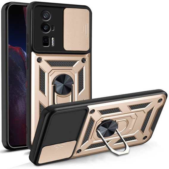 Zestaw Etui pancerne do Xiaomi Poco F5 Pro, Nox Camera Slide, złote + Szkło