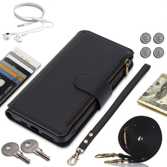 Etui z klapką do Samsung Galaxy S24, Wallet Zipper Pocket RFID, z paskiem na ramię, czarne