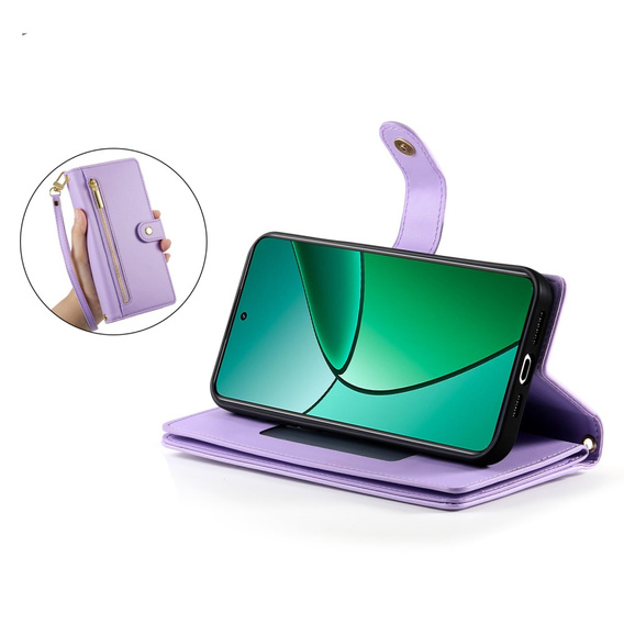 Etui z klapką do Realme 14 Pro 5G, Wallet Zipper Pocket, fioletowe