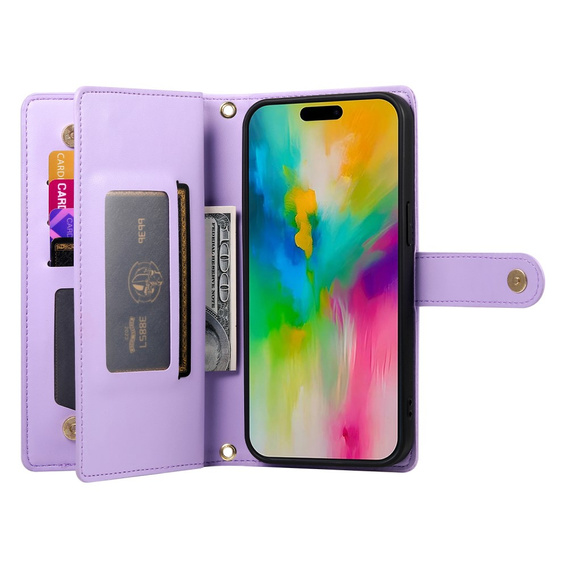 Etui z klapką do iPhone 16 Pro Max, Wallet Zipper Pocket, fioletowe
