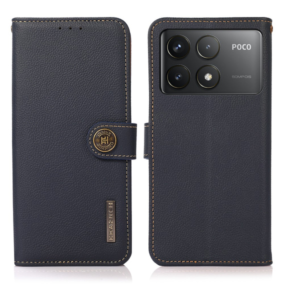 Skórzane Etui KHAZNEH RFID do Xiaomi Poco F6 Pro, Litchi Texture, niebieskie