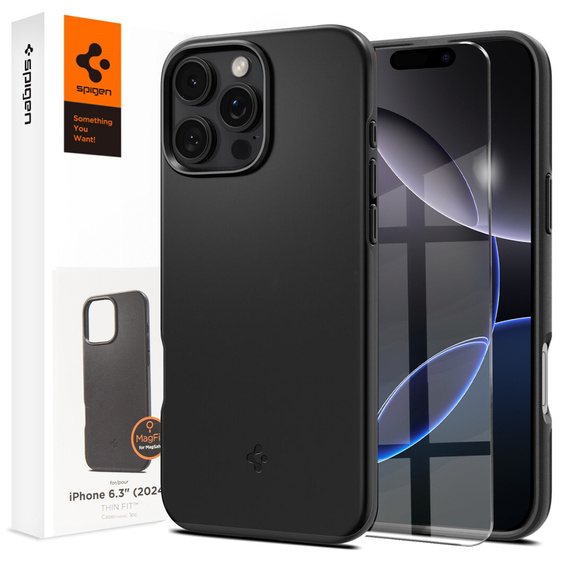 Etui Spigen do iPhone 16 Pro, Thin Fit Mag, czarne + Szkło hartowane 9H