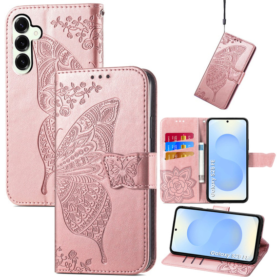 Etui z klapką do Samsung Galaxy S25 FE, Butterfly, różowe rose gold