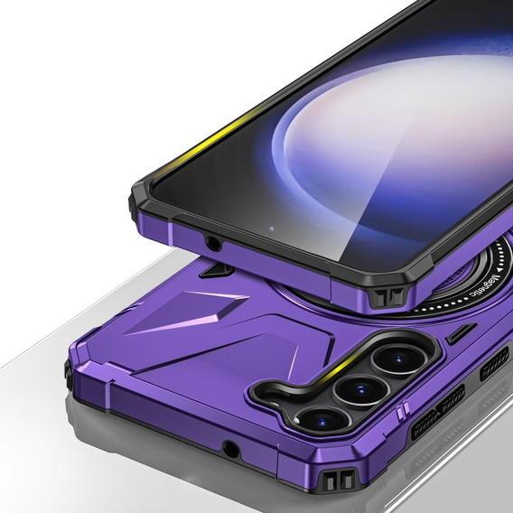 Etui do Samsung Galaxy S24, pancerne z podstawką i blaszką do uchwytu, fioletowe
