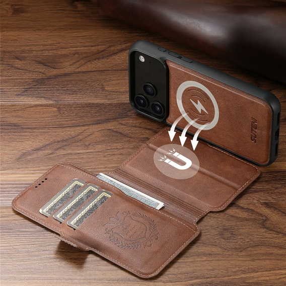 Etui z klapką 2w1 do iPhone 17 Pro Max, SUTENI, do MagSafe, brązowe