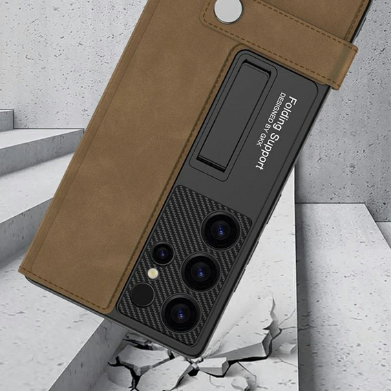 Etui GKK do Samsung Galaxy S25 Ultra z klapką, kieszenią i podstawką – brązowe