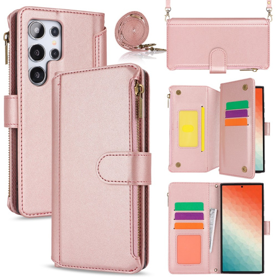 Etui z klapką do Samsung Galaxy S24 Ultra, Wallet Zipper Pocket RFID, z paskiem na ramię, różowe rose gold