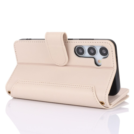 Etui z klapką do Samsung Galaxy S24, Wallet Zipper Pocket RFID, z paskiem na ramię, białe