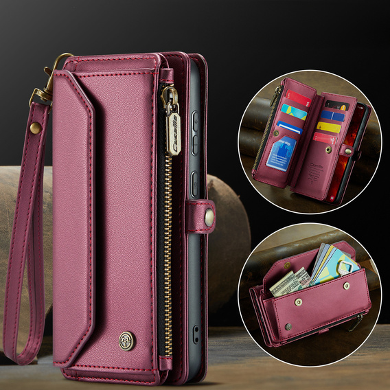Etui CASEME do Samsung Galaxy S25 FE, RFID Leather Wallet, z paskiem na ramię, czerwone