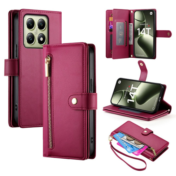Etui z klapką do Xiaomi 14T, Wallet Zipper Pocket, czerwone
