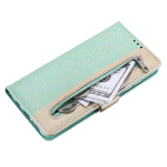 Etui z klapką do Samsung Galaxy S20 FE/5G, Wallet Pocket Zipper Lace, zielone