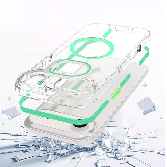 Etui do iPhone 17 Air, do MagSafe, z podstawką, transparentne z zielonymi wstawkami