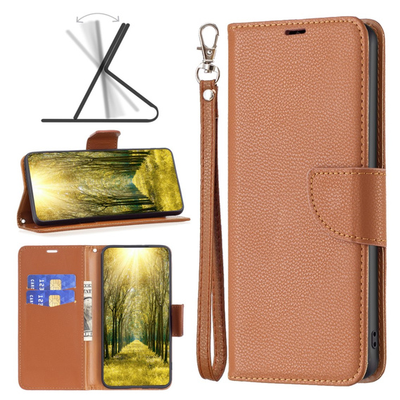 Etui z klapką do Samsung Galaxy A25 5G, Wallet Litchi Leather, brązowe + szkło 9H