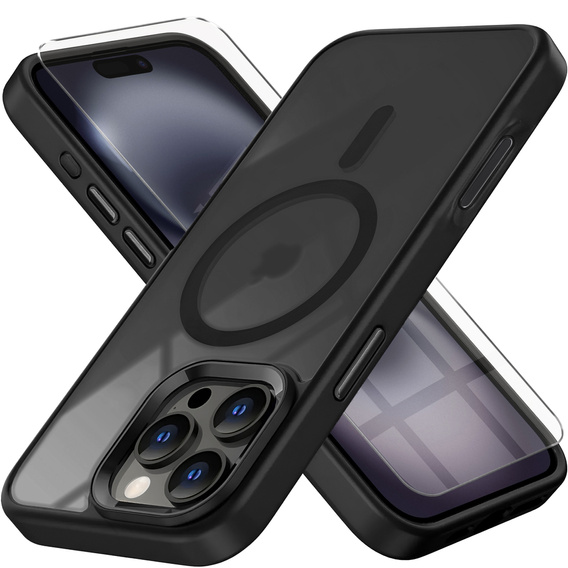Etui do iPhone 16 Pro Max, do MagSafe, ERBORD Matt Case, przezroczyste / czarne + Szkło na ekran