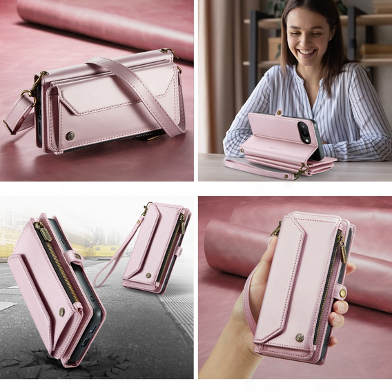 Etui CaseMe do Google Pixel 9a – portfelowe z zamkiem i paskami, różowe