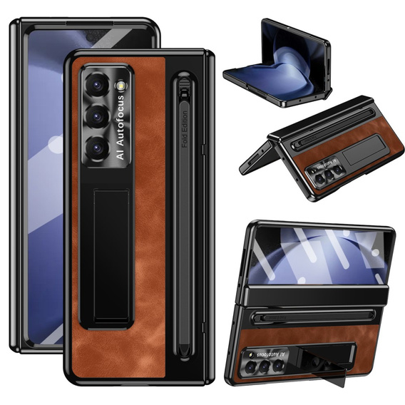 Etui z podstawką Leather+PC z szybą i rysikiem do Samsung Galaxy Z Fold6 5G, brązowe