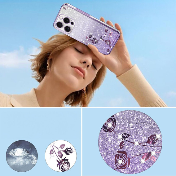 Etui do iPhone 16 Pro, Glitter Flower, fioletowe
