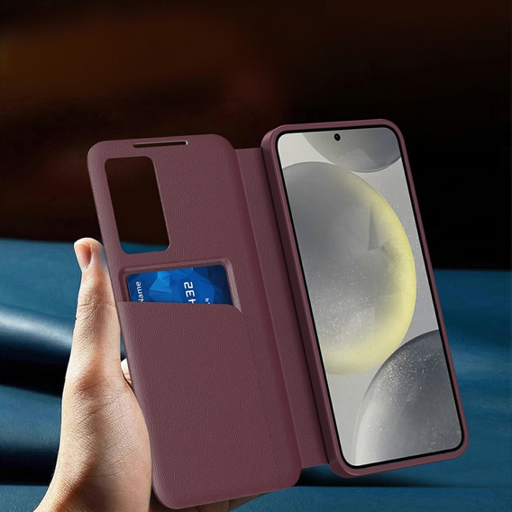 Etui do Samsung Galaxy S25 Edge – skórzane z okienkiem Smart View i kieszenią na kartę, bordowe