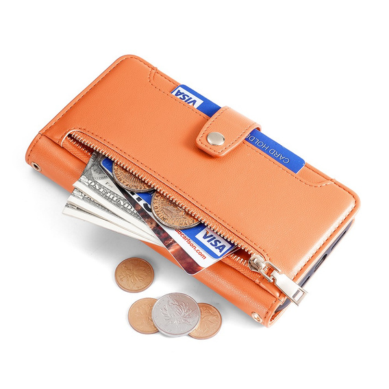 Etui z klapką do Oppo Reno8 T 4G, Wallet Zipper Pocket, pomarańczowe