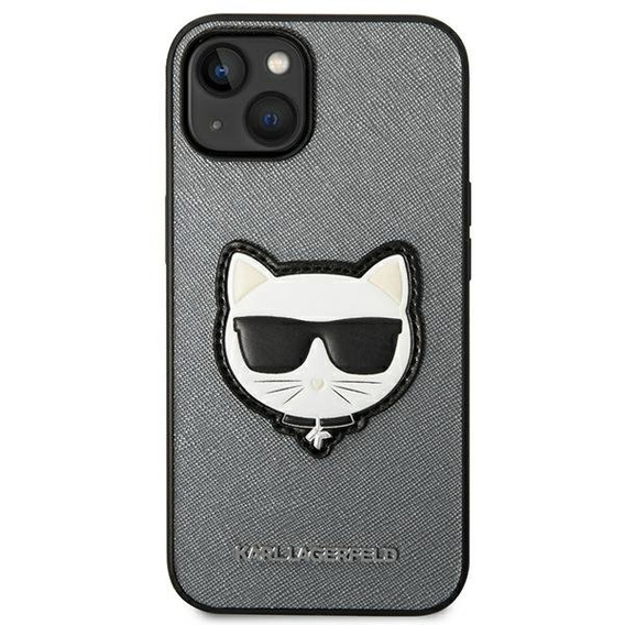 Etui Karl Lagerfeld do iPhone 14, Saffiano Choupette Head Patch, srebrne