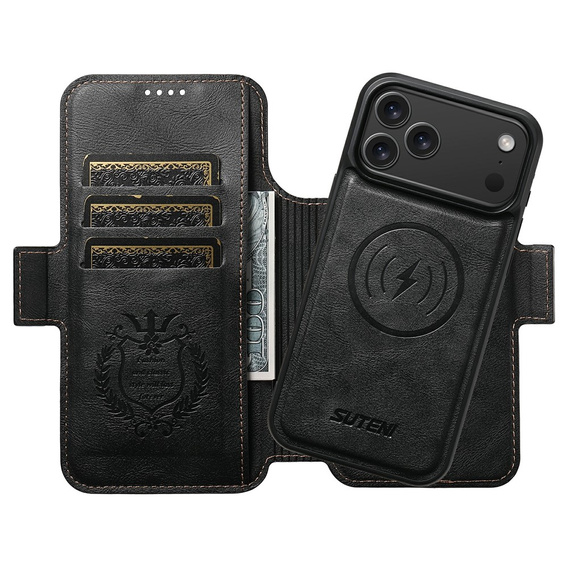 Etui z klapką 2w1 do iPhone 17 Pro Max, SUTENI, do MagSafe, czarne