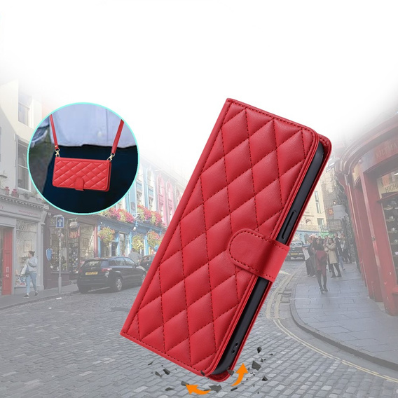Etui z klapką do iPhone 16 Pro Max, Rhombus Crossbody Leather, czerwone