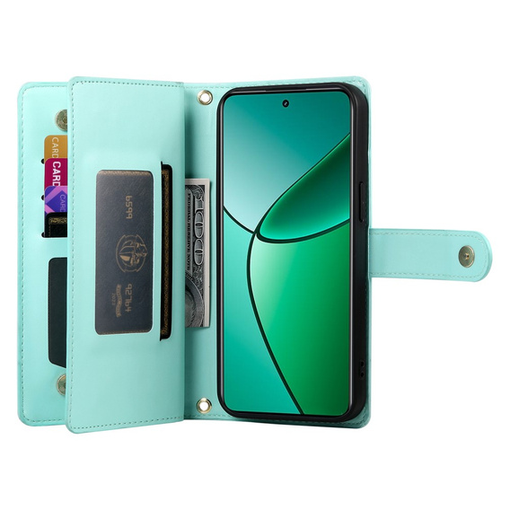 Etui z klapką do Realme 14 Pro 5G, Wallet Zipper Pocket, miętowe