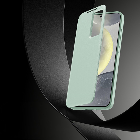 Etui do Samsung Galaxy S25 Edge – skórzane z okienkiem Smart View i kieszenią na kartę, zielone