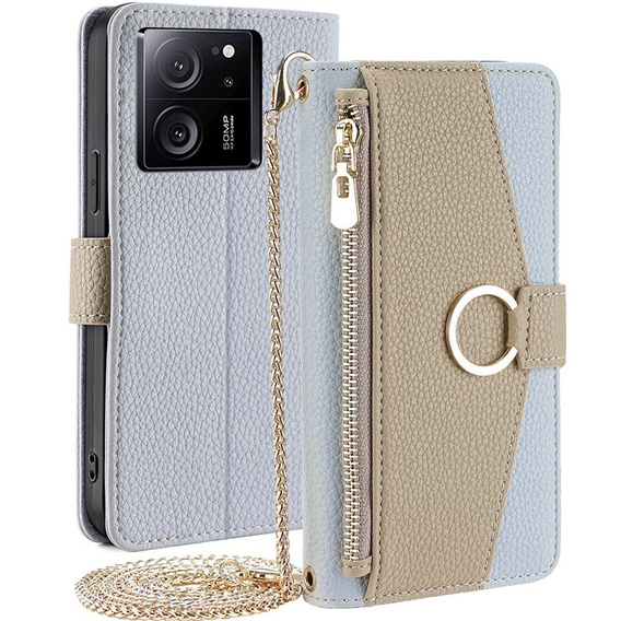 Etui z klapką do Xiaomi 13T / 13T Pro / Redmi K60 Ultra, Wallet Zipper Pocket, z lusterkiem, niebieskie