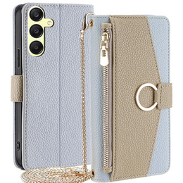 Etui z klapką do Samsung Galaxy A25 5G, Wallet Zipper Pocket, z lusterkiem, niebieskie