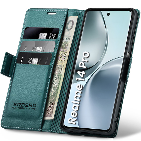 Etui do Realme 14 Pro 5G, ERBORD Glossy Litchi, portfel z klapką, zielone