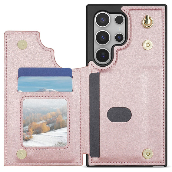 Etui do Samsung Galaxy S25 Ultra z kieszeniami na karty, paskiem i funkcją podstawki – różowe złoto