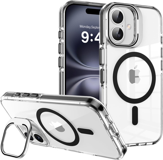 Etui do iPhone 17, do MagSafe, z podstawką, transparentne z czarnymi wstawkami